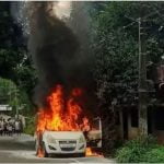 ഓടുന്ന കാറിന് തീ പിടിച്ചു; ആറംഗ കുടുംബം രക്ഷപെട്ടത് അത്ഭുതകരമായി