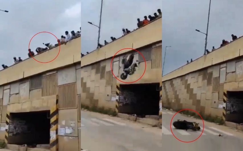 നടുറോഡില്‍ അഭ്യാസപ്രകടനവുമായി യുവാക്കൾ; ബൈക്ക് ഫ്ളൈ ഓവറില്‍നിന്ന് താഴേക്ക് എറിഞ്ഞ് നാട്ടുകാര്‍