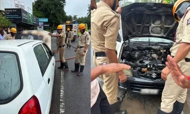 ഷോർട്ട് സർക്യൂട്ട്; ഓടിക്കൊണ്ടിരുന്ന കാറിന് തീപിടിച്ചു