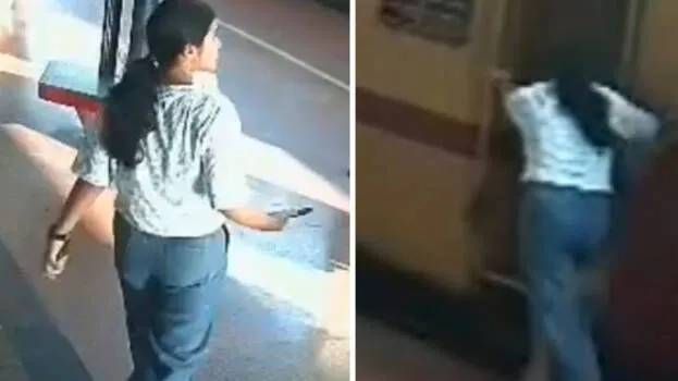 നീങ്ങിത്തുടങ്ങിയ ട്രെയിനില്‍ ഓടിക്കയറാൻ ശ്രമം; വിദ്യാര്‍ഥിനി പിടിവിട്ട് ട്രാക്കില്‍ വീണു (വീഡിയോ)