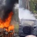 ഓടിക്കൊണ്ടിരുന്ന കാറിന് തീപിടിച്ചു; ദമ്പതികള്‍ രക്ഷപ്പെട്ടത് തലനാരിഴയ്ക്ക്