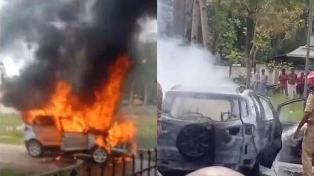 ഓടിക്കൊണ്ടിരുന്ന കാറിന് തീപിടിച്ചു; ദമ്പതികള് രക്ഷപ്പെട്ടത് തലനാരിഴയ്ക്ക്