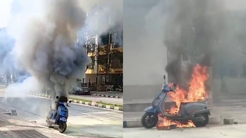 ഓടിക്കൊണ്ടിരുന്ന ഇലക്ട്രിക് സ്കൂട്ടറിന് തീപിടിച്ചു