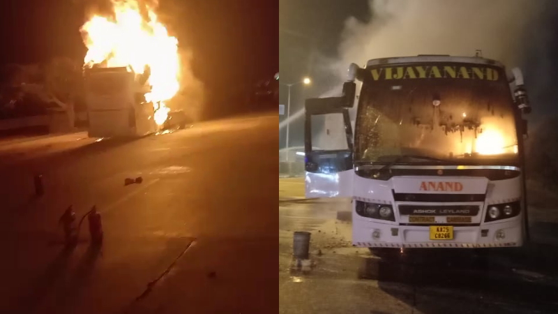 യാത്രക്കാരുമായി പോയ സ്വകാര്യ ബസിന് തീപിടിച്ചു
