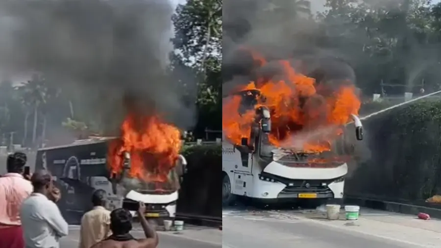 ഓടിക്കൊണ്ടിരുന്ന ടൂറിസ്റ്റ് ബസിന് തീപിടിച്ചു