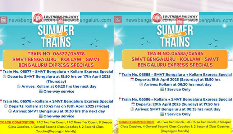 വേനല്-ഈസ്റ്റര് അവധി: ബെംഗളൂരുവില് നിന്ന് കൊല്ലത്തേക്ക് സ്പെഷ്യല് ട്രെയിന്
