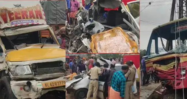കെഎസ്‌ആര്‍ടിസി ബസ്സും കാറും പിക്കപ്പ് വാനും കൂട്ടിയിടിച്ച്‌ അപകടം; യാത്രക്കാരി മരിച്ചു