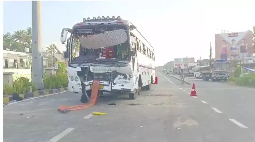 ടൂറിസ്റ്റ് ബസ് കണ്ടെയ്നര്‍ ലോറിക്ക് പിന്നില്‍ ഇടിച്ച്‌ അപകടം; 28 പേര്‍ക്ക് പരുക്ക്