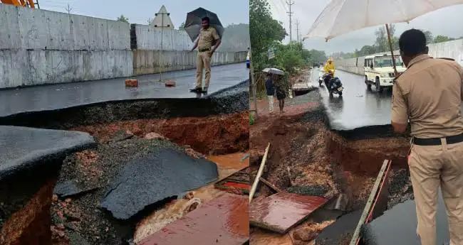 കനത്ത മഴ; കാഞ്ഞങ്ങാട് ദേശീയപാതയുടെ സര്‍വീസ് റോഡ് ഇടിഞ്ഞു